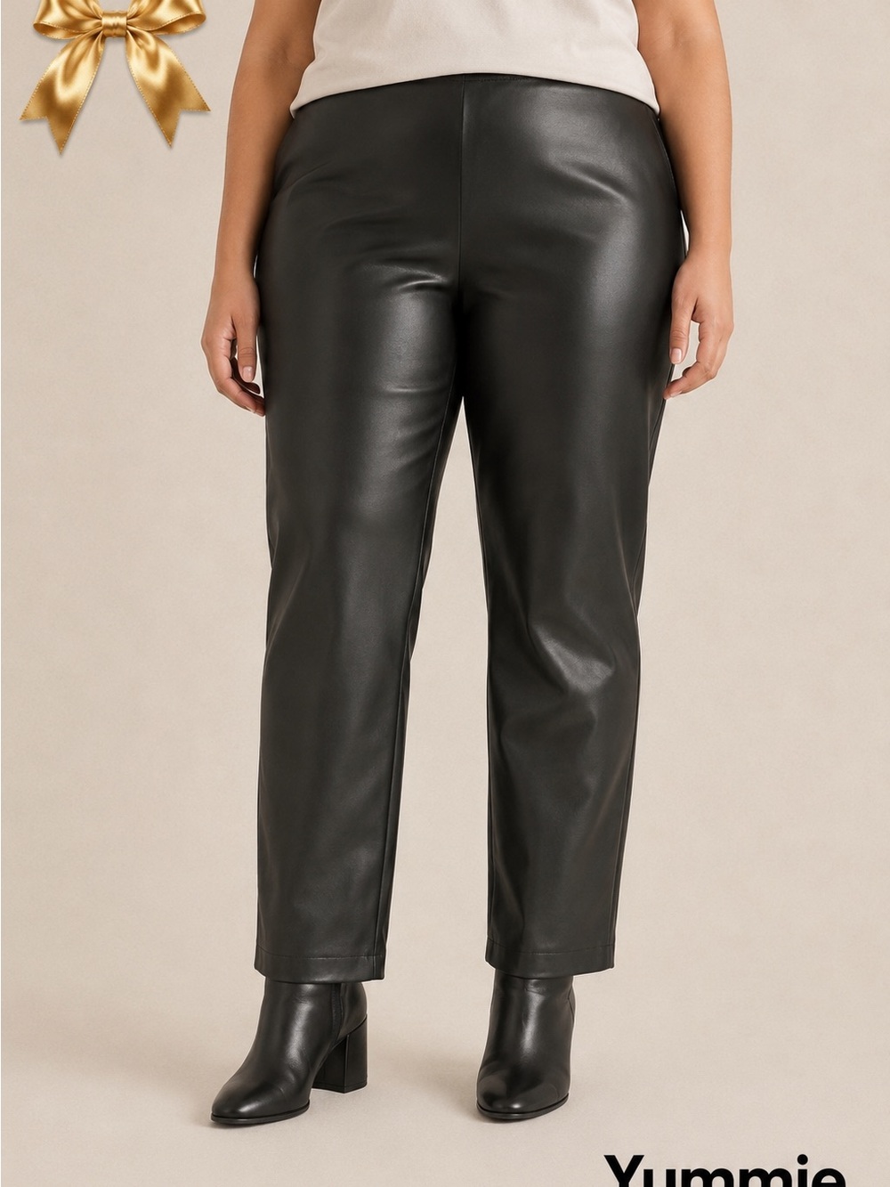 Yummie Black Faux Leather Pants Silver Zipper Straight Leg Size Large